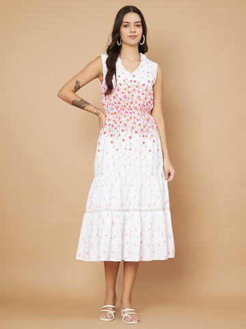 Fancy White & Pink Floral Printed Ruffled Dress