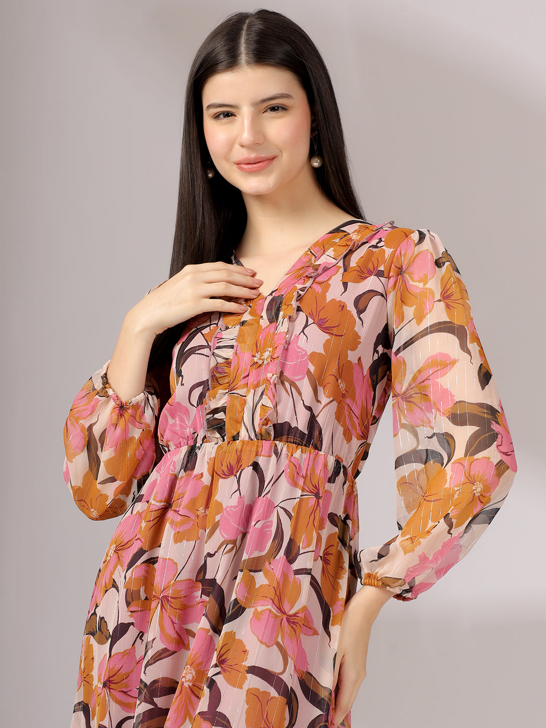 Fancy Floral Pink Flared Dress