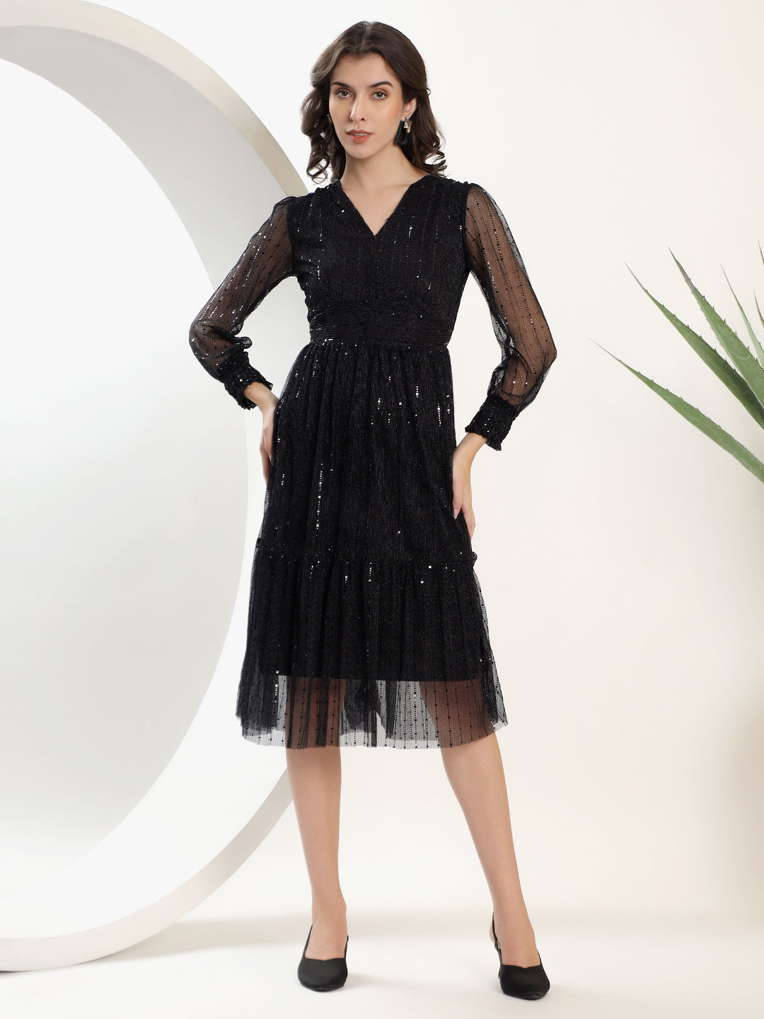 Women's Black Shimmer Party Dress | Stylish Long Sleeve Evening Dress Justin Whyte Women's Black Shimmer Party Dress | Stylish Long Sleeve Evening Dress Justin Whyte