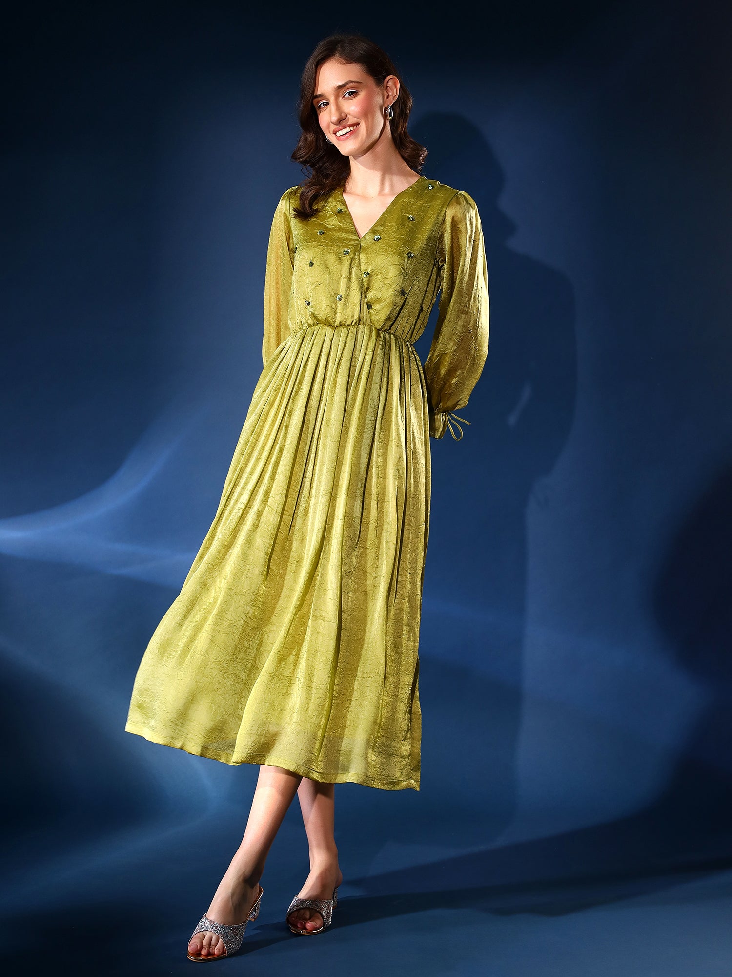 Olive Green Velvet Midi Dress | Pleated Elegance for Women Justin Whyte Olive Green Velvet Midi Dress | Pleated Elegance for Women Justin Whyte