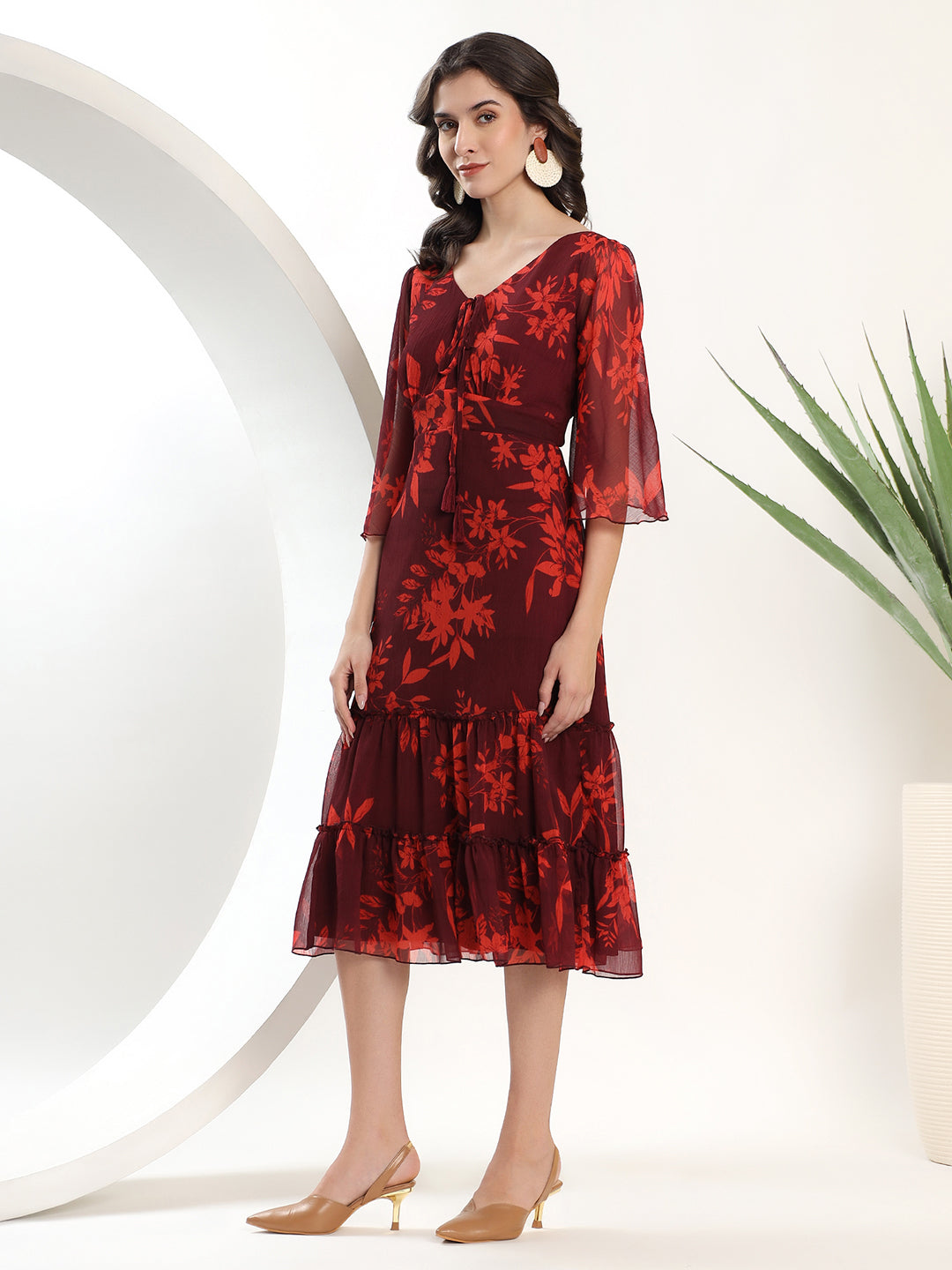 Floral Maroon Midi Dress