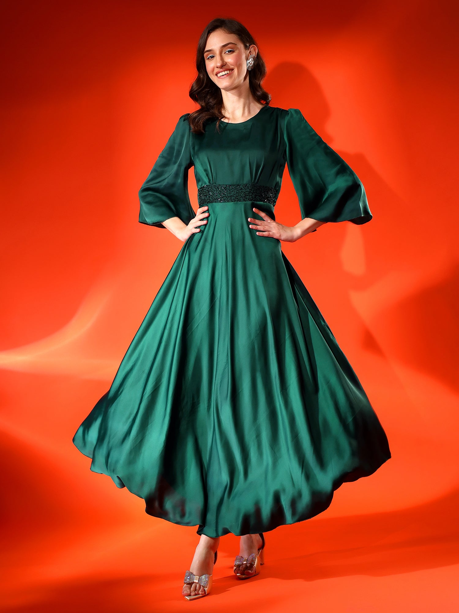 Emerald Green Satin Dress | Elegant Flared Gown for Women Justin Whyte Emerald Green Satin Dress | Elegant Flared Gown for Women Justin Whyte