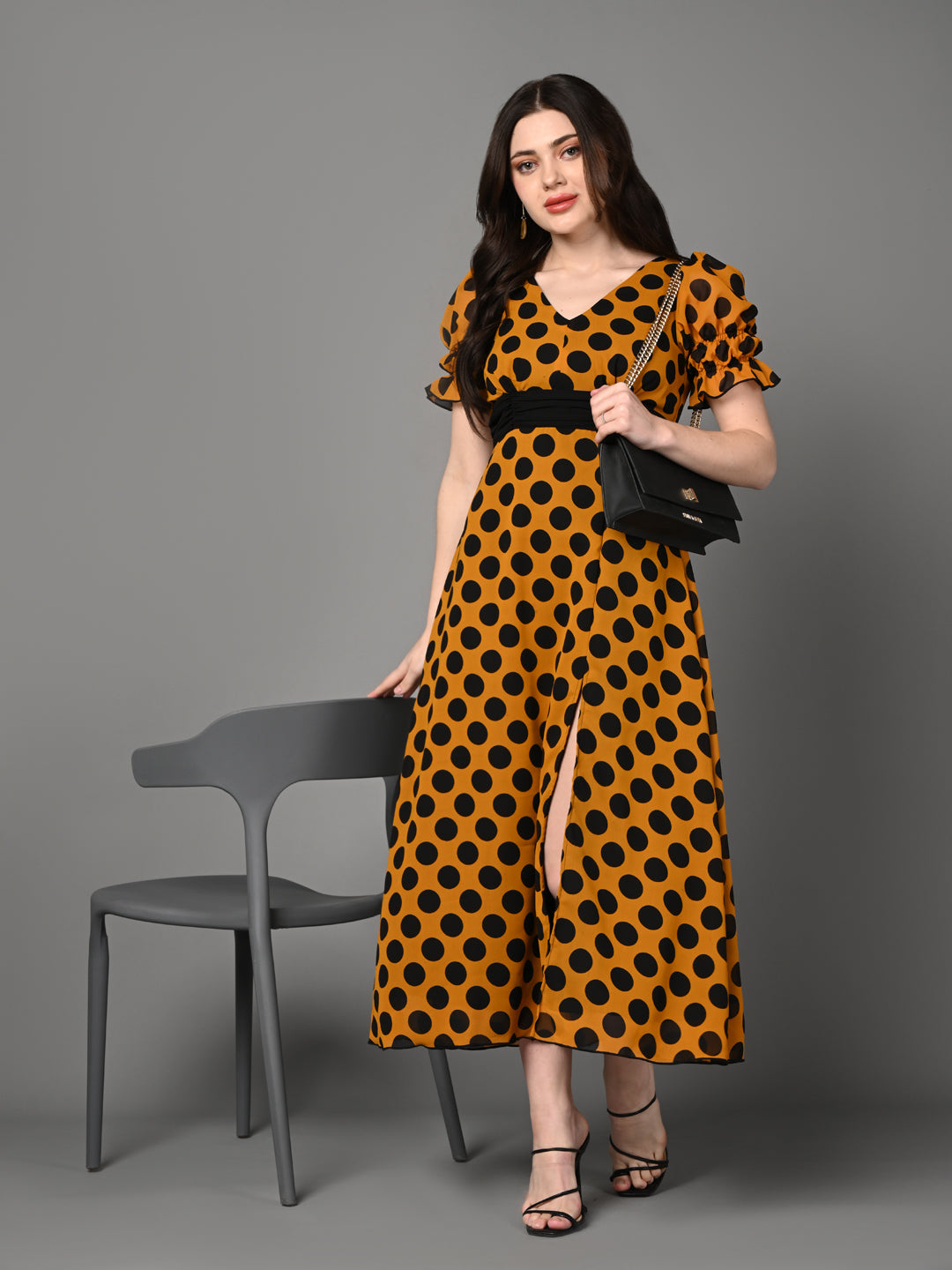 Mustard Yellow Polka Dot Dress with Front Slit Trendy Midi Dress