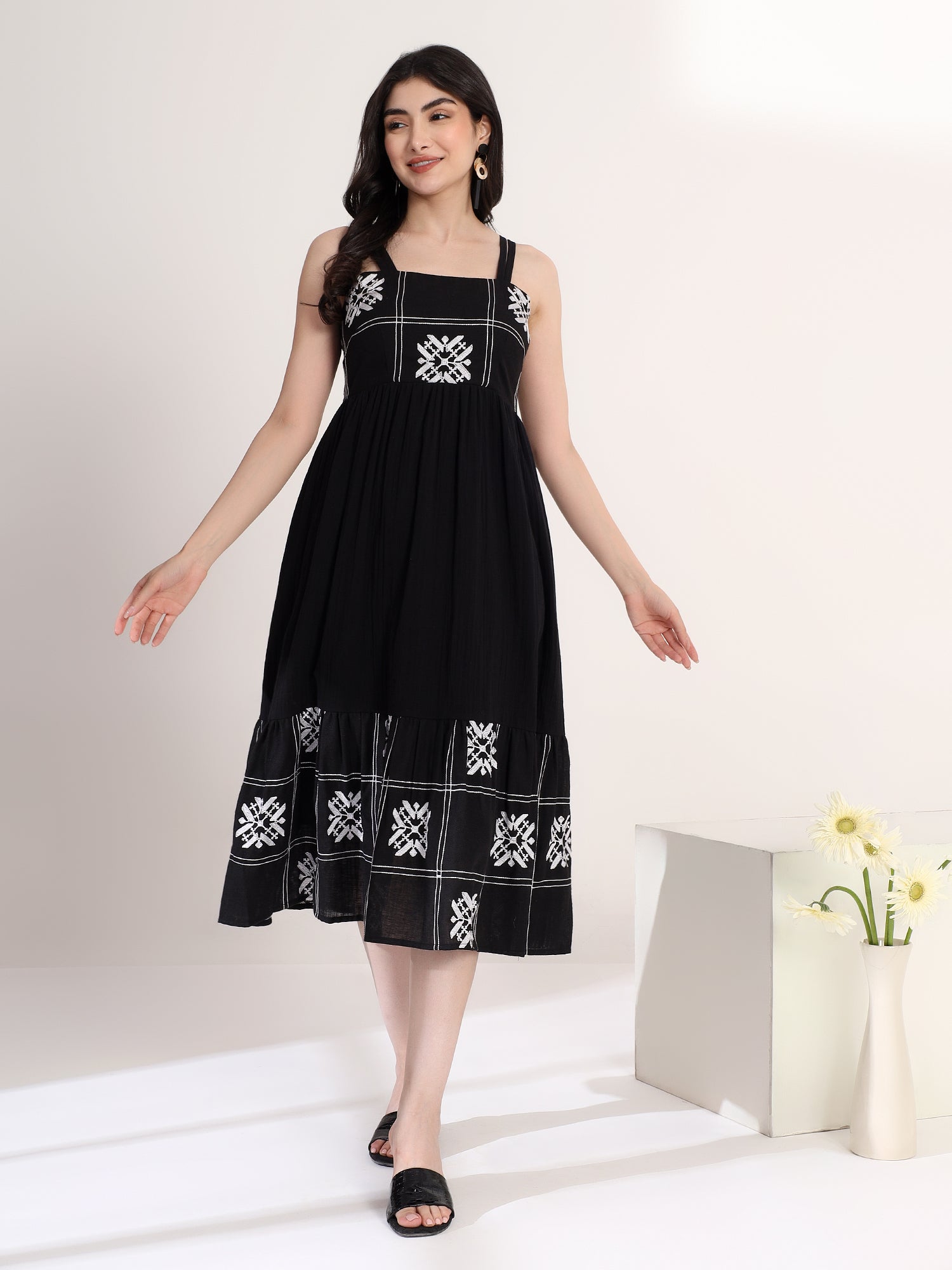 Black & White Embroidered Midi Dress for Women | Stylish Summer Look Justin Whyte Black & White Embroidered Midi Dress for Women | Stylish Summer Look Justin Whyte