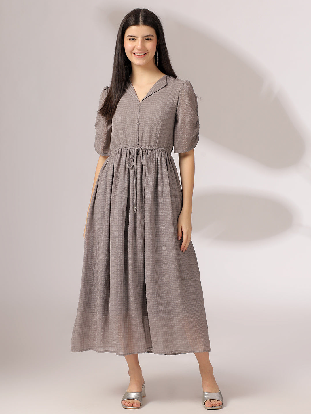 grey drawstring dress Embroidered Drawstring Gathered Dress in Grey Reistor
