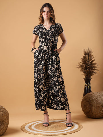 V-neck Black Floral Jumpsuit