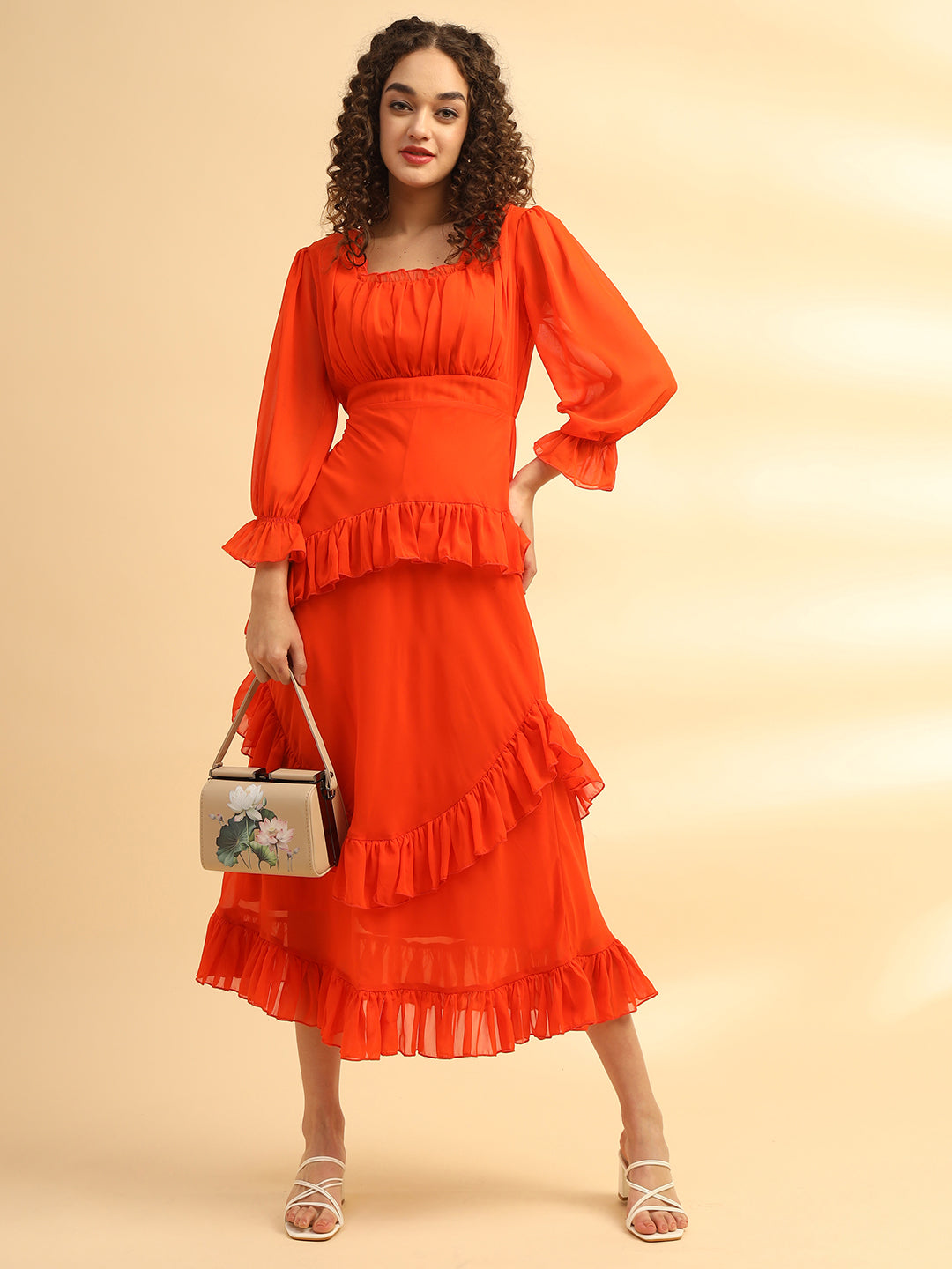 Women's Ruffle Orange Midi Dress | Bold & Trendy Outfit Justin Whyte Women's Ruffle Orange Midi Dress | Bold & Trendy Outfit Justin Whyte