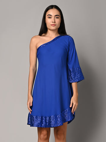 Embellished Blue Ruffled Dress