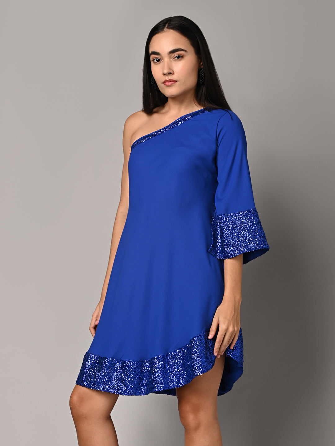 Embellished Blue Ruffled Dress