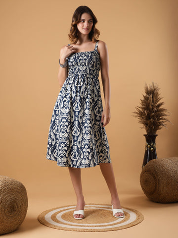 Strapped Smocked Flaired Dress