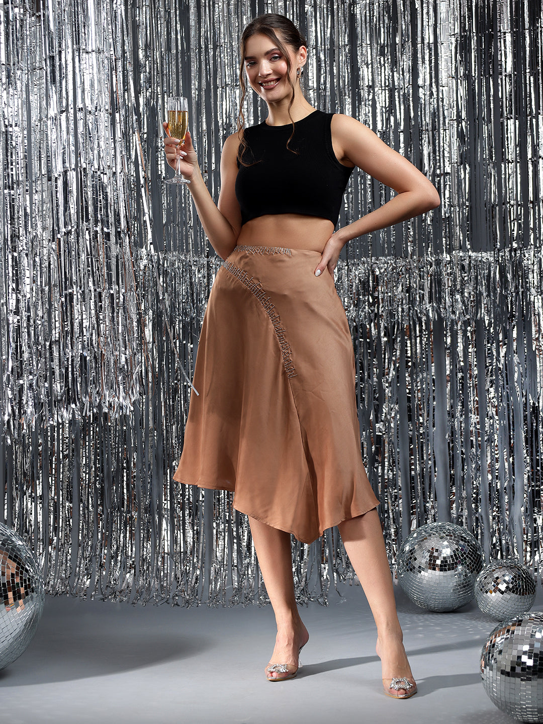 Embellished Flared Bronze Skirt