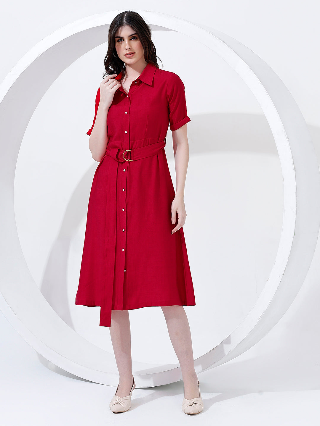 red belted shirt dress Solid Linen Belted Shirt Dress