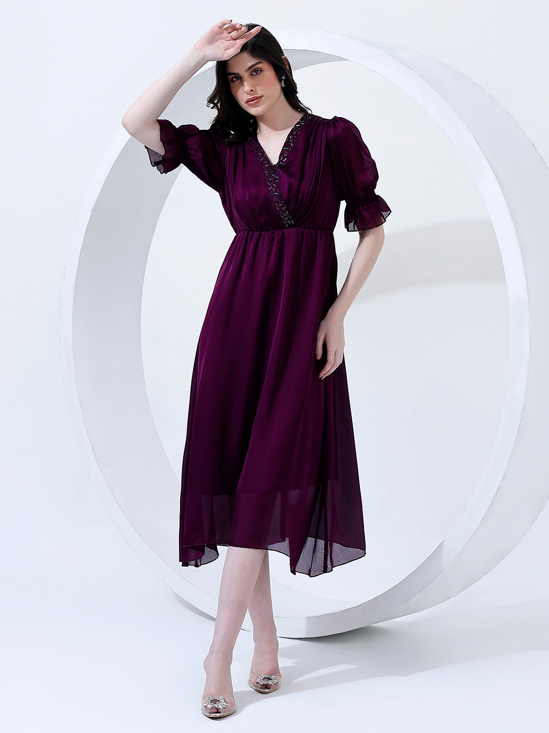 Purple Midi Dress with Puff Sleeves Elegant Evening Wear Justin Whyte Purple Midi Dress with Puff Sleeves Elegant Evening Wear Justin Whyte