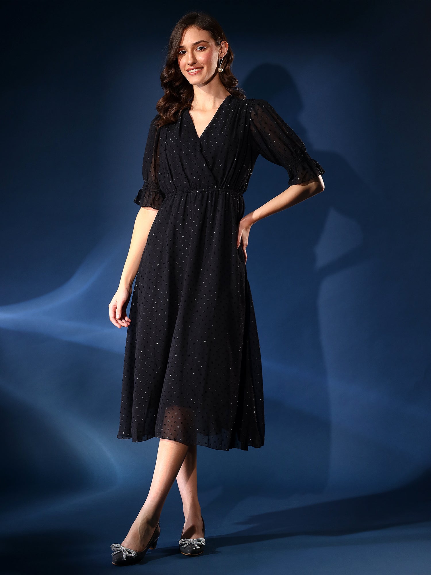 Chic Black Polka Dot Midi Dress | Sheer Sleeve Elegant Dress Justin Whyte Chic Black Polka Dot Midi Dress | Sheer Sleeve Elegant Dress Justin Whyte