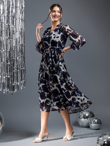 Printed Black and White Flared Dress