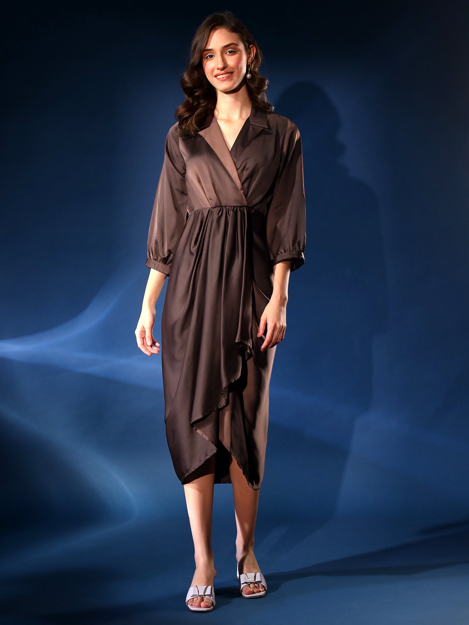 Brown Satin Wrap Dress | Elegant Draped Midi Dress Justin Whyte Brown Satin Wrap Dress | Elegant Draped Midi Dress Justin Whyte