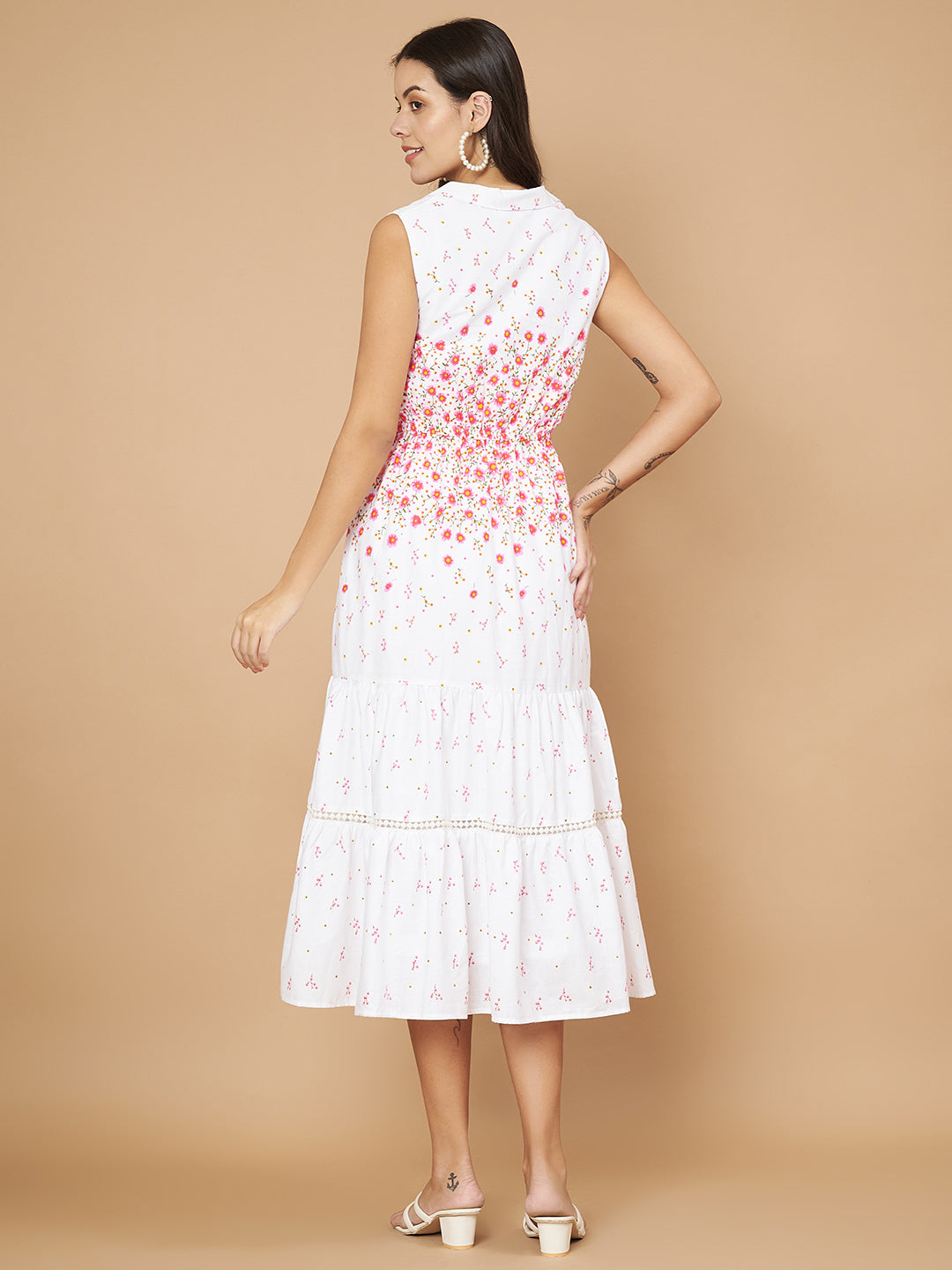 Fancy White & Pink Floral Printed Ruffled Dress