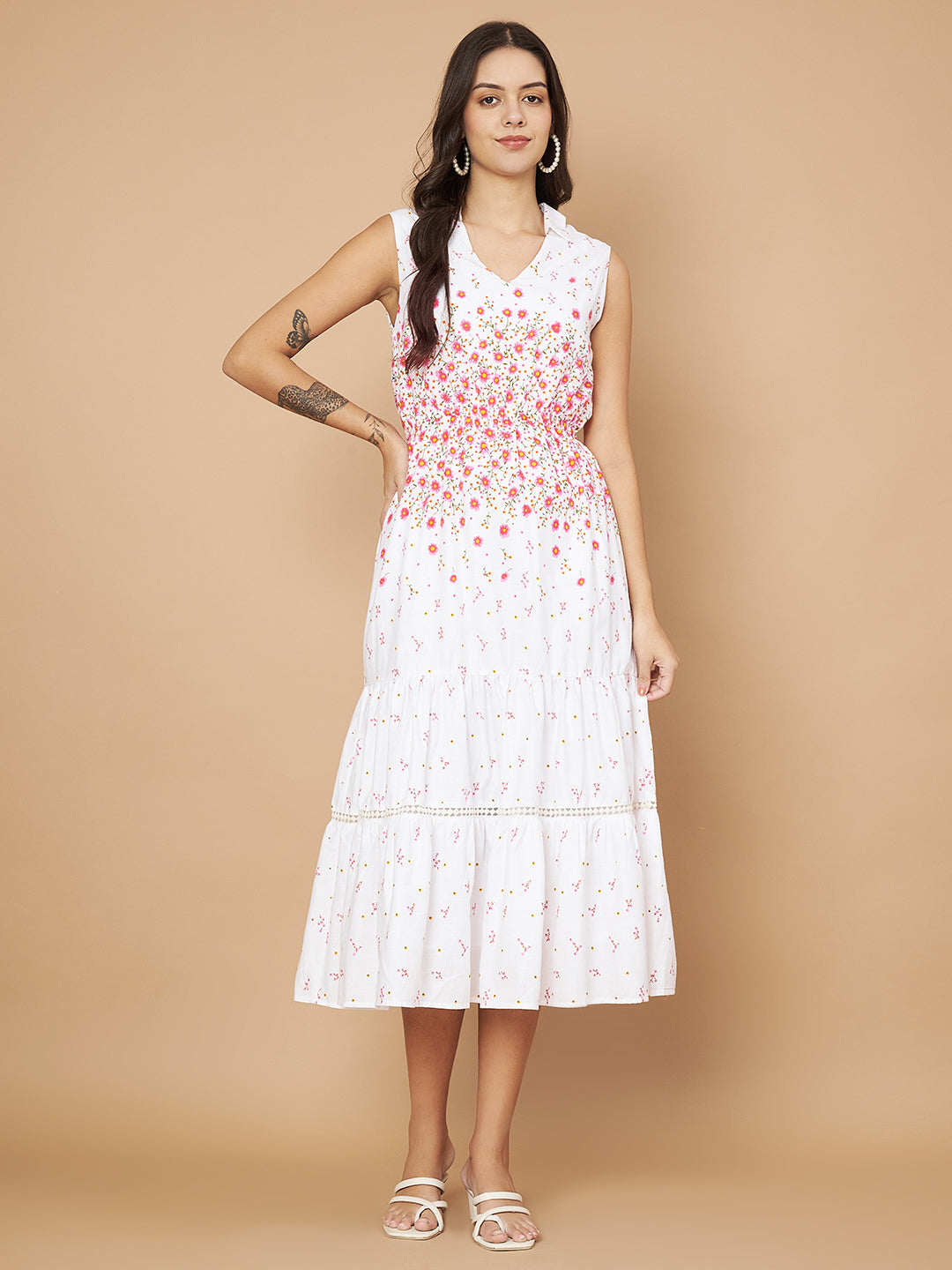 Fancy White & Pink Floral Printed Ruffled Dress