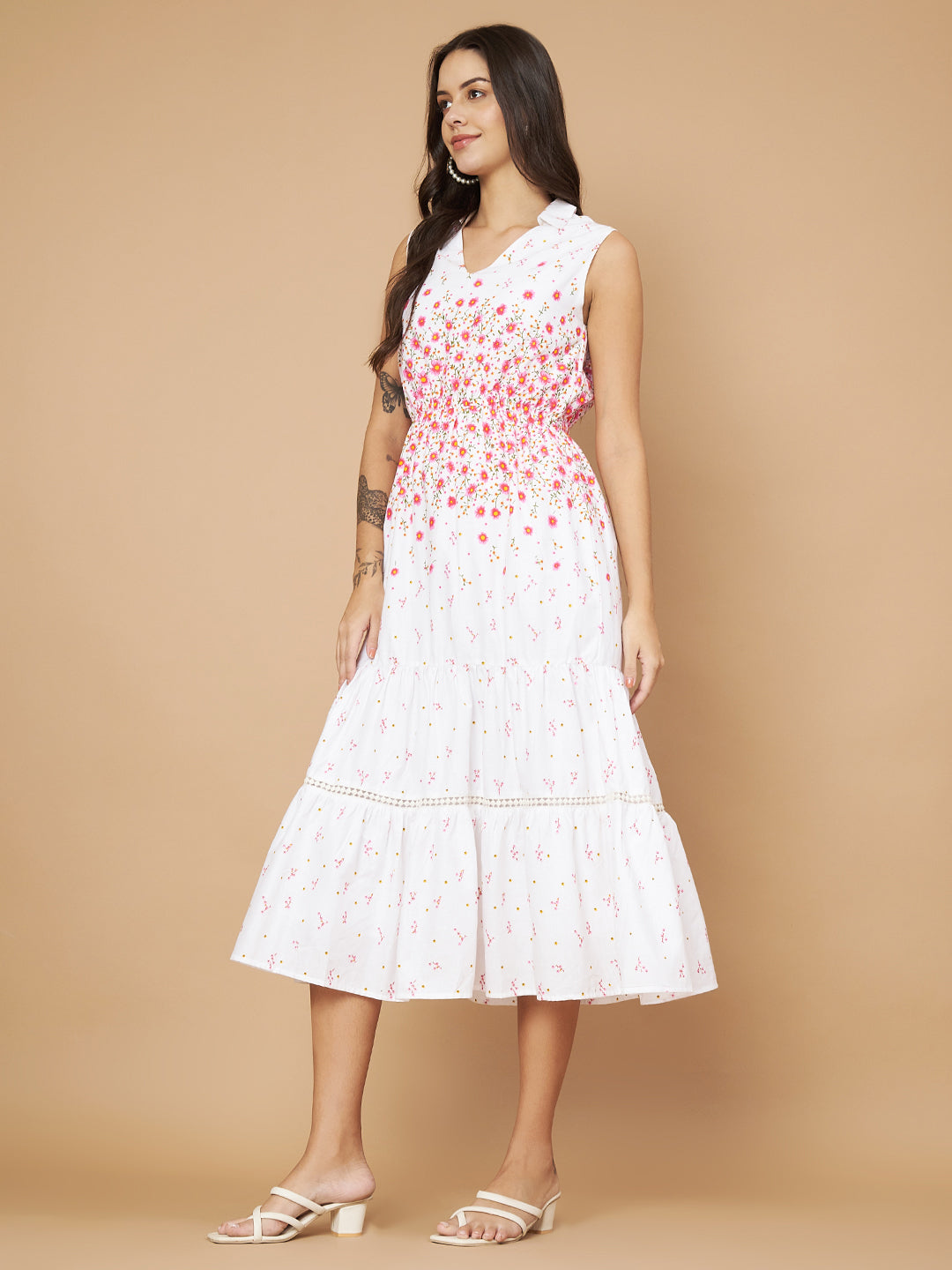 Fancy White & Pink Floral Printed Ruffled Dress