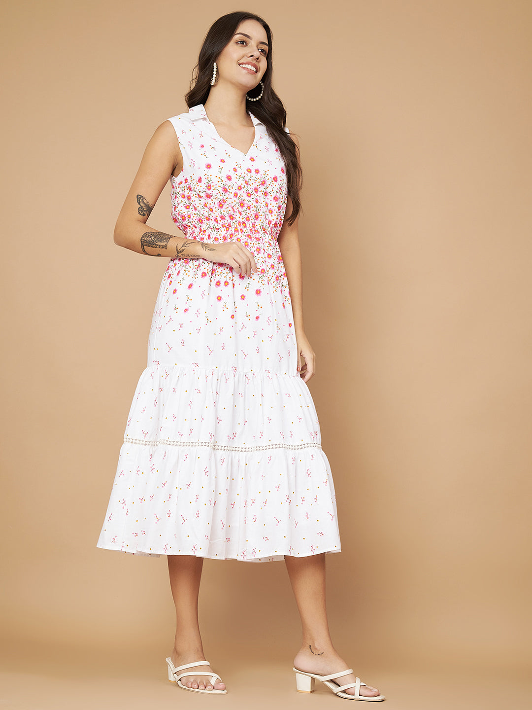 Fancy White & Pink Floral Printed Ruffled Dress