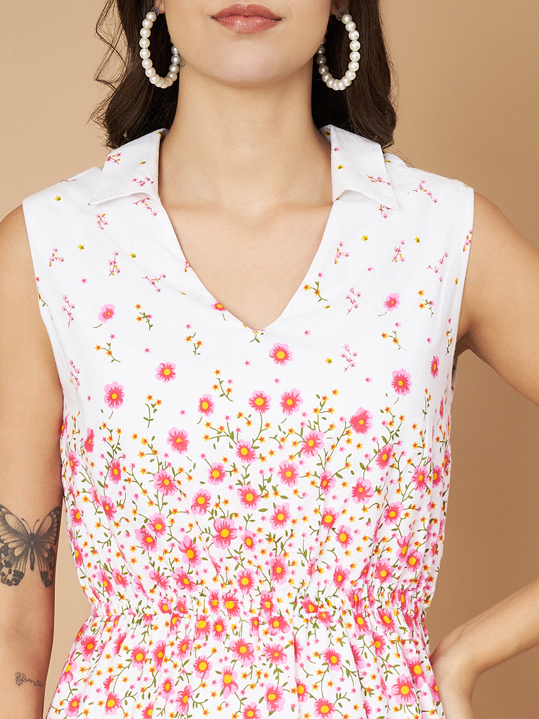 Fancy White & Pink Floral Printed Ruffled Dress