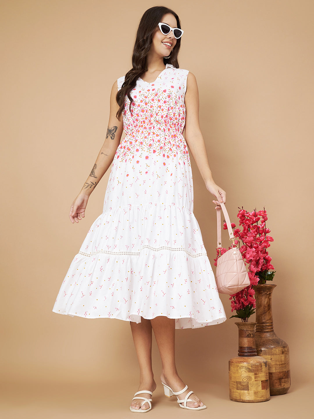 Fancy White & Pink Floral Printed Ruffled Dress