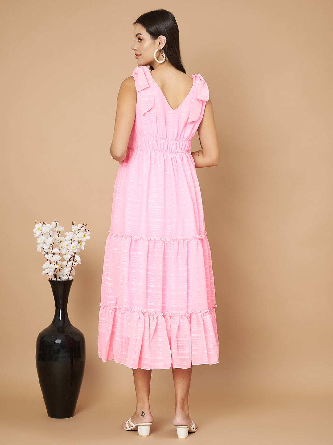 Fancy Pink Ruffled Midi Dress