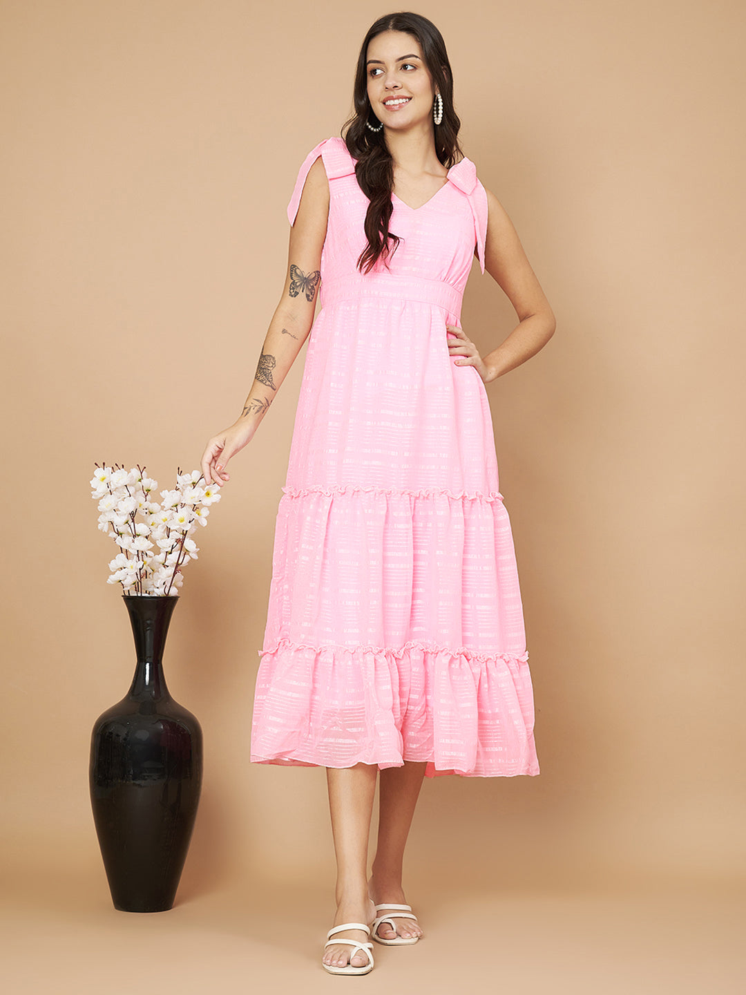 Fancy Pink Ruffled Midi Dress