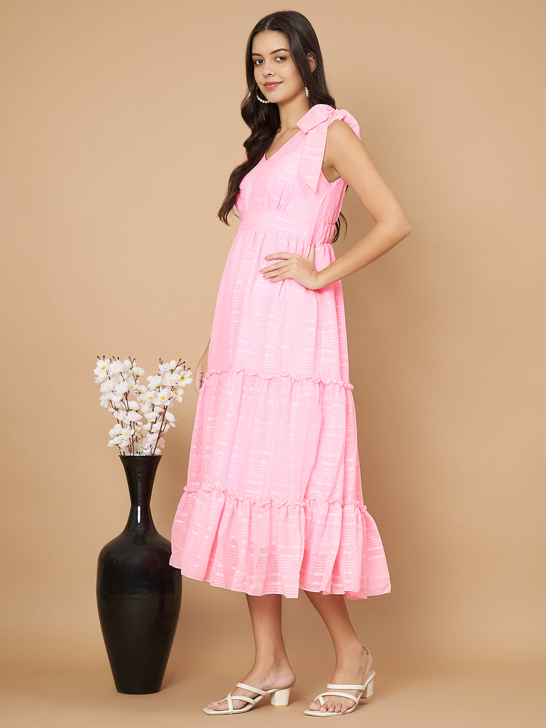 Fancy Pink Ruffled Midi Dress