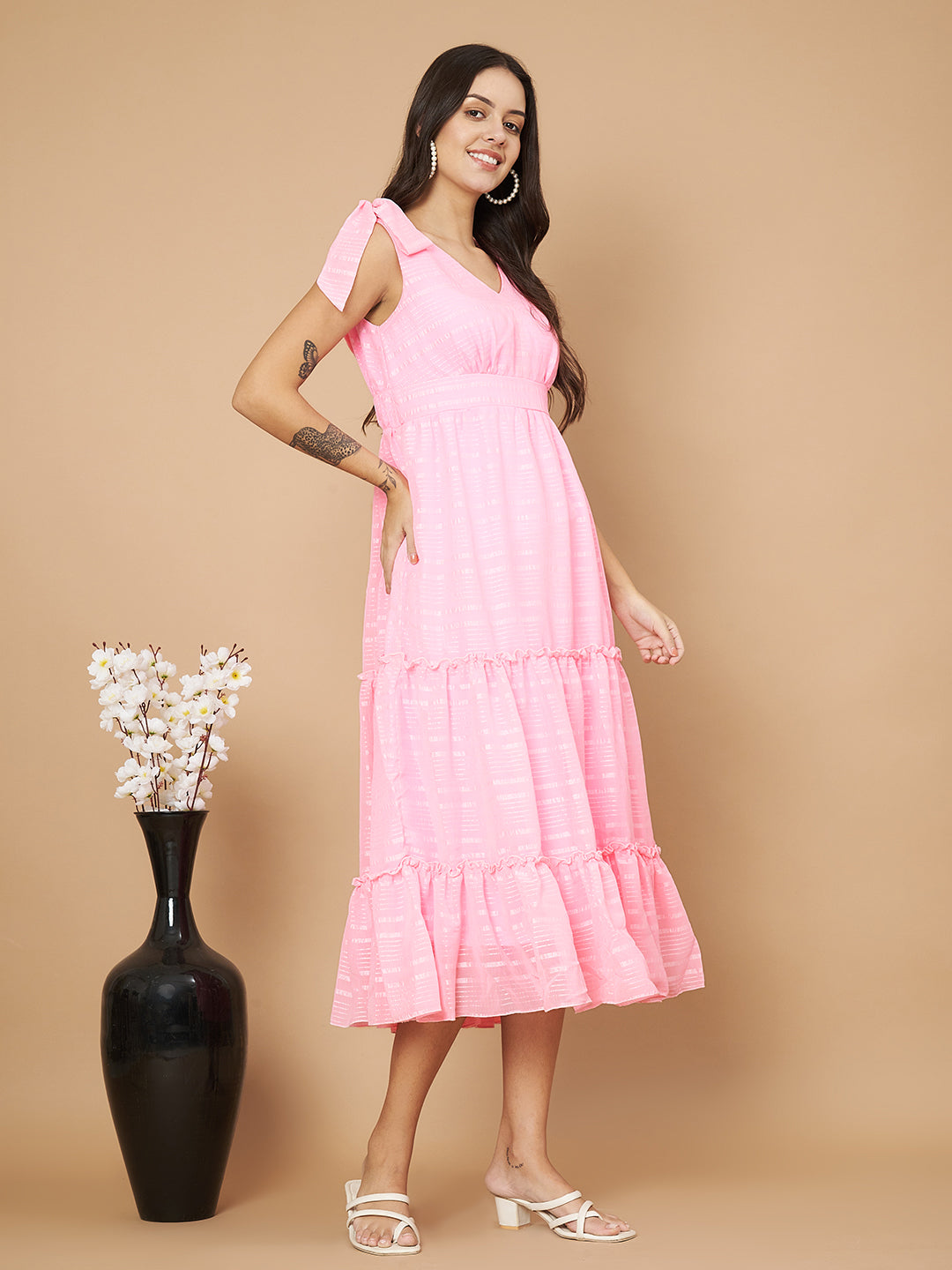 Fancy Pink Ruffled Midi Dress