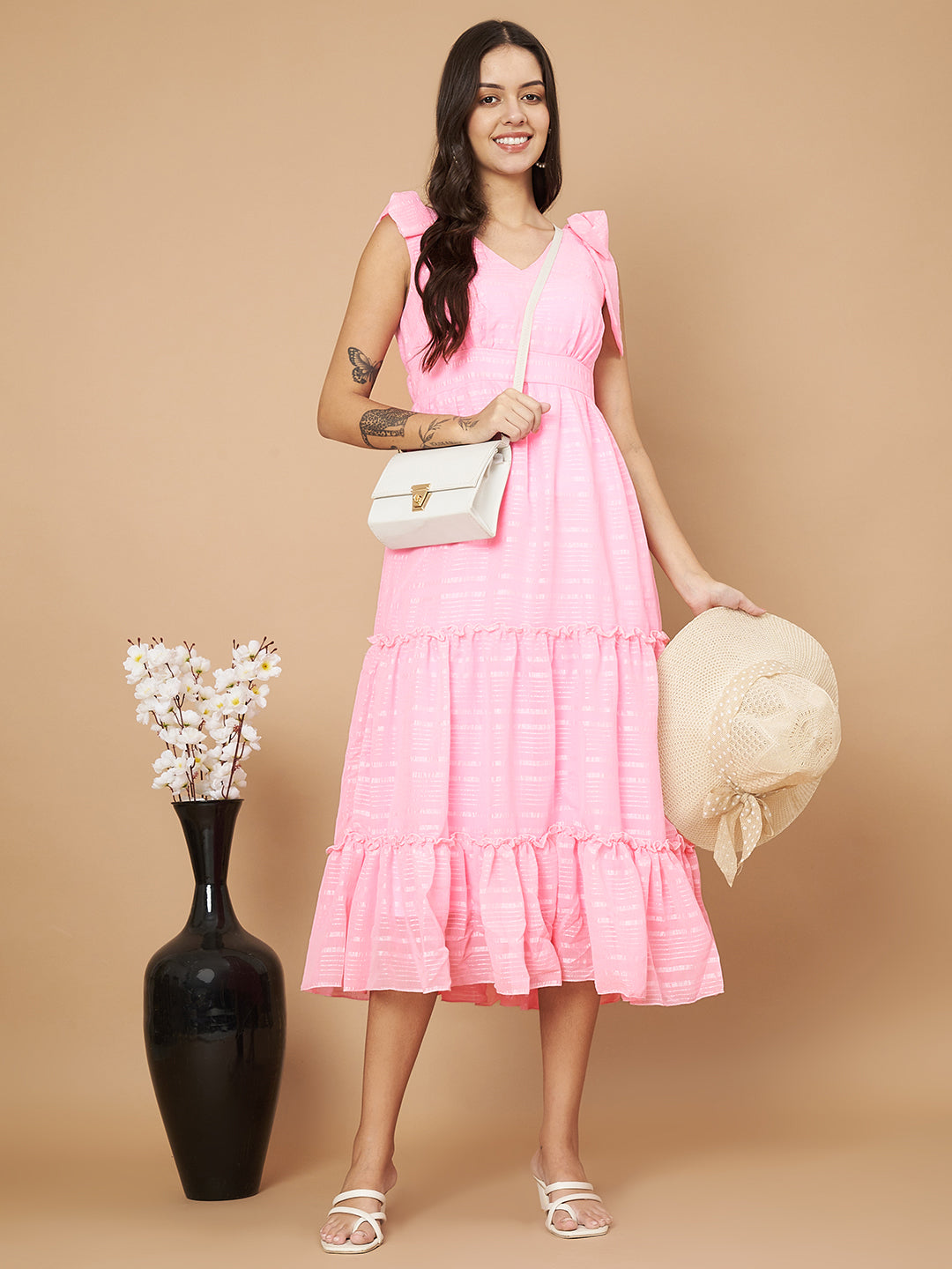 Fancy Pink Ruffled Midi Dress
