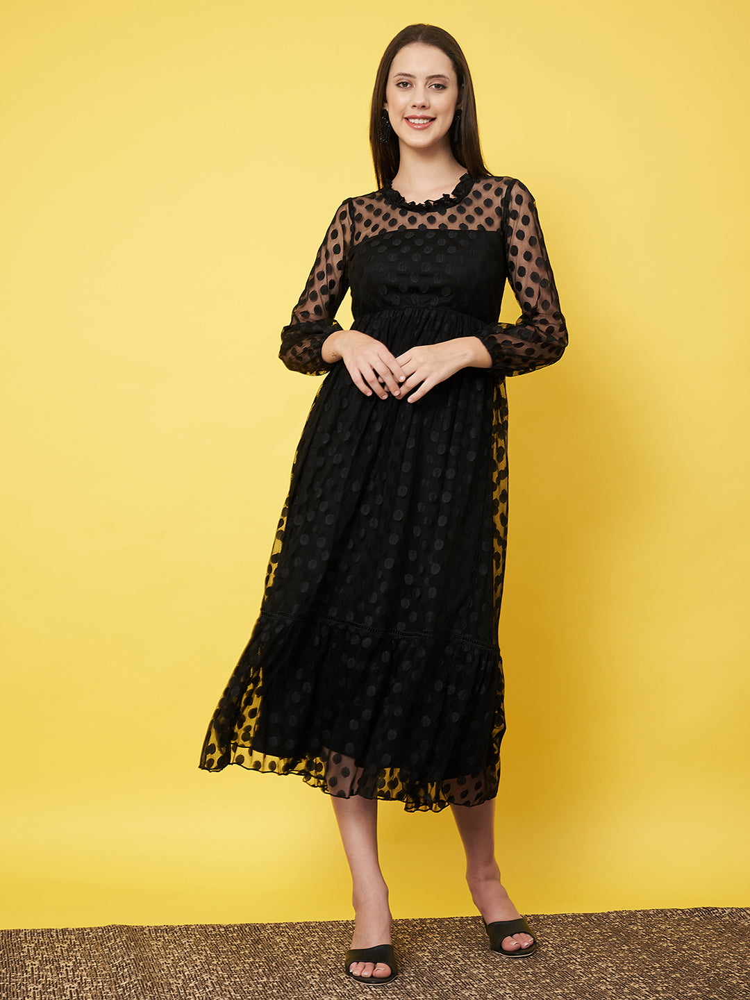 Classy Black Textured Flared Dress