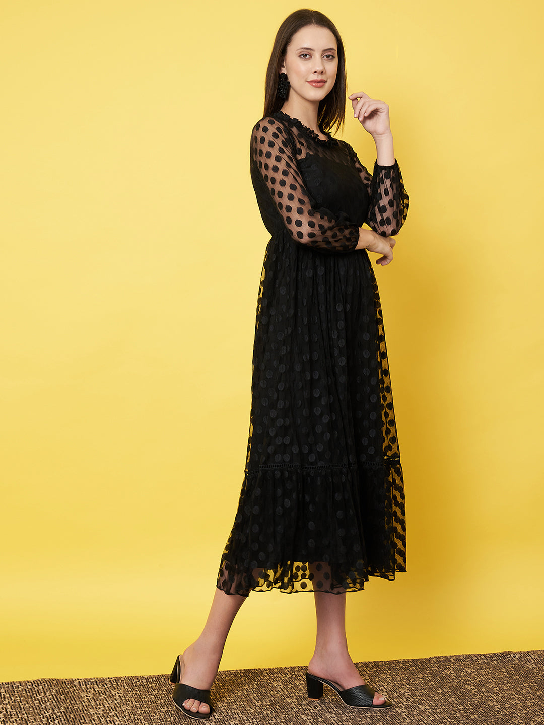 Classy Black Textured Flared Dress