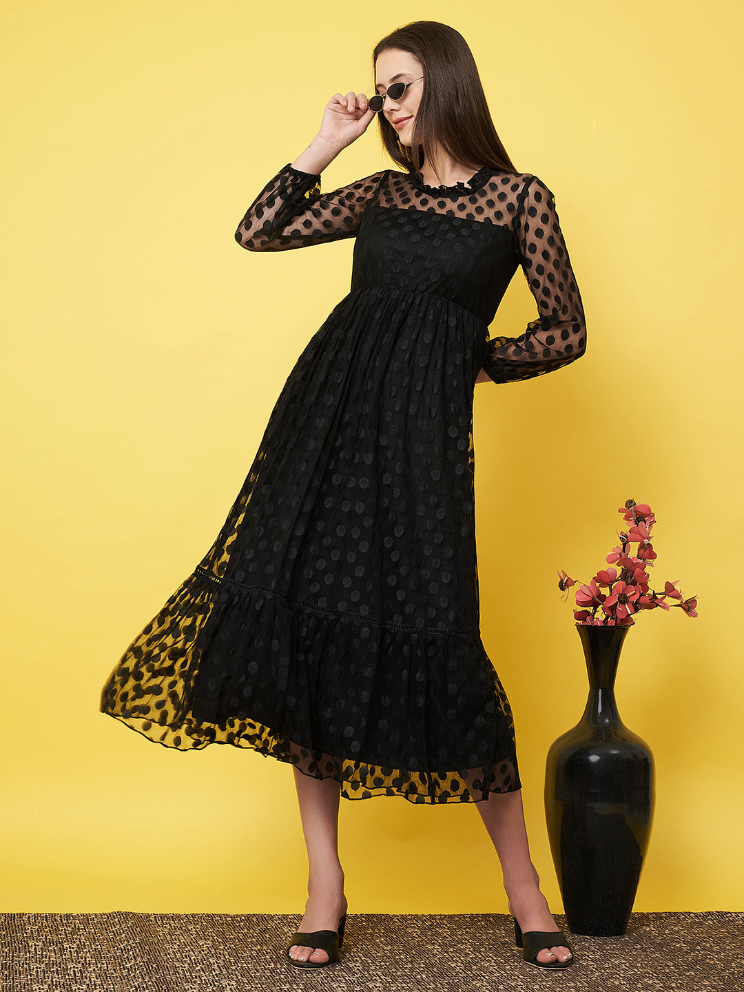 Classy Black Textured Flared Dress