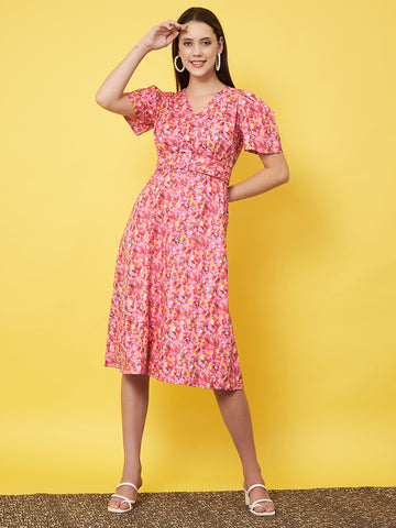 Classy Pink Floral Flared A - Line Dress