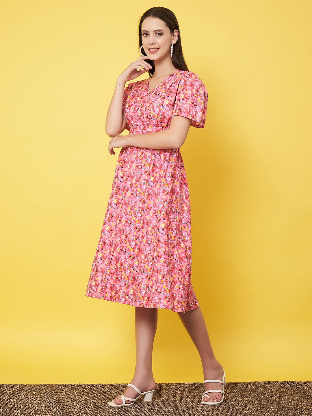 Classy Pink Floral Flared A - Line Dress