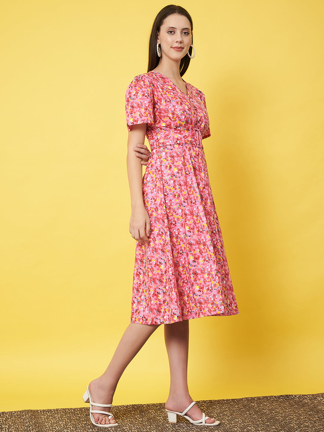 Classy Pink Floral Flared A - Line Dress