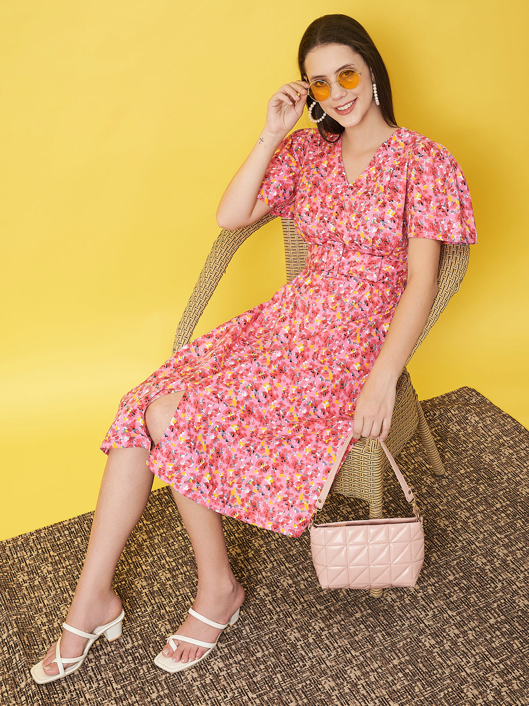Classy Pink Floral Flared A - Line Dress