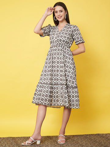 Stylish Grey Patterned Ruffled Dress