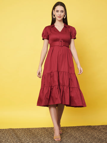 Classy Red Ruffled A - Line Dress