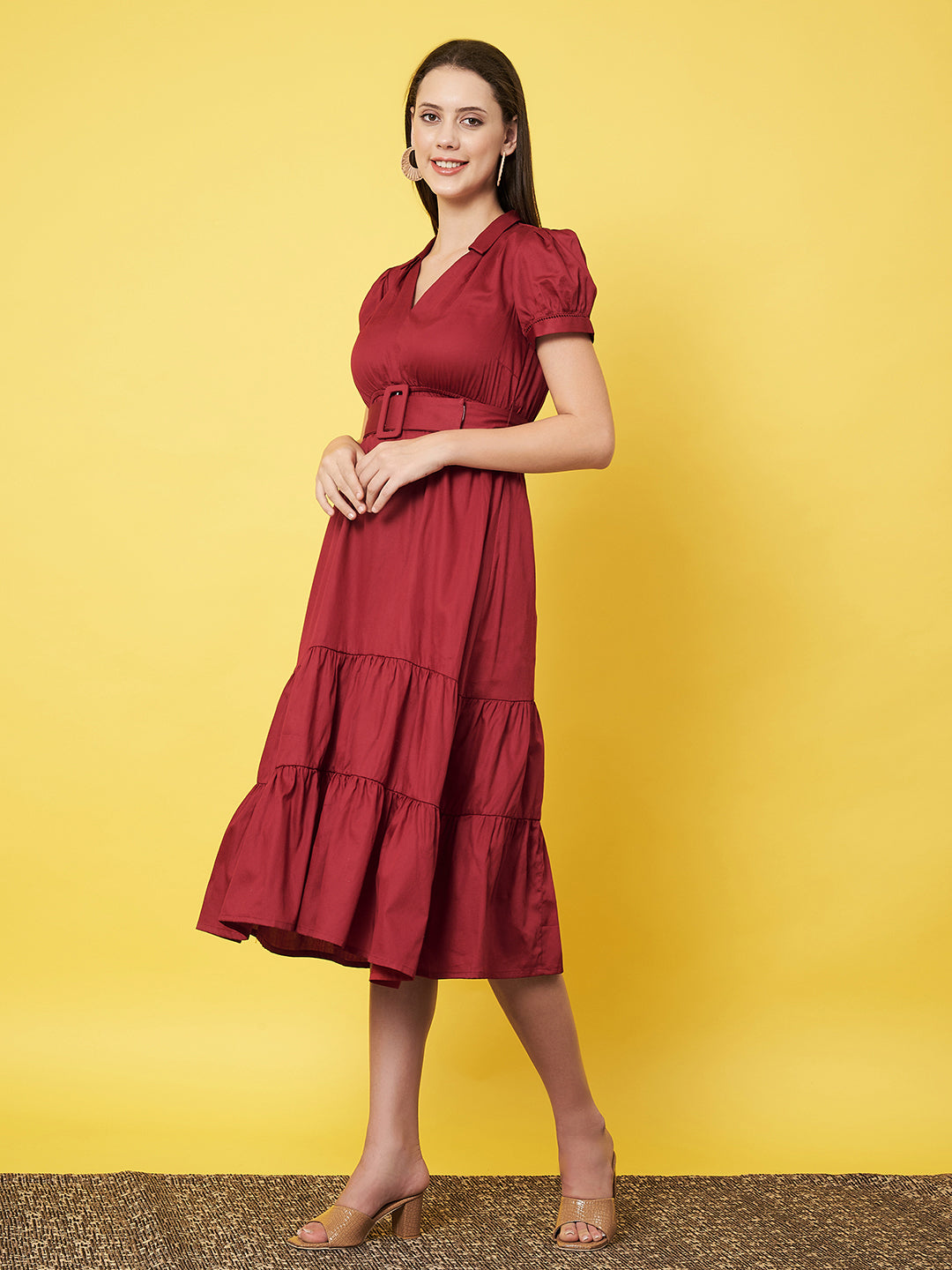 Classy Red Ruffled A - Line Dress