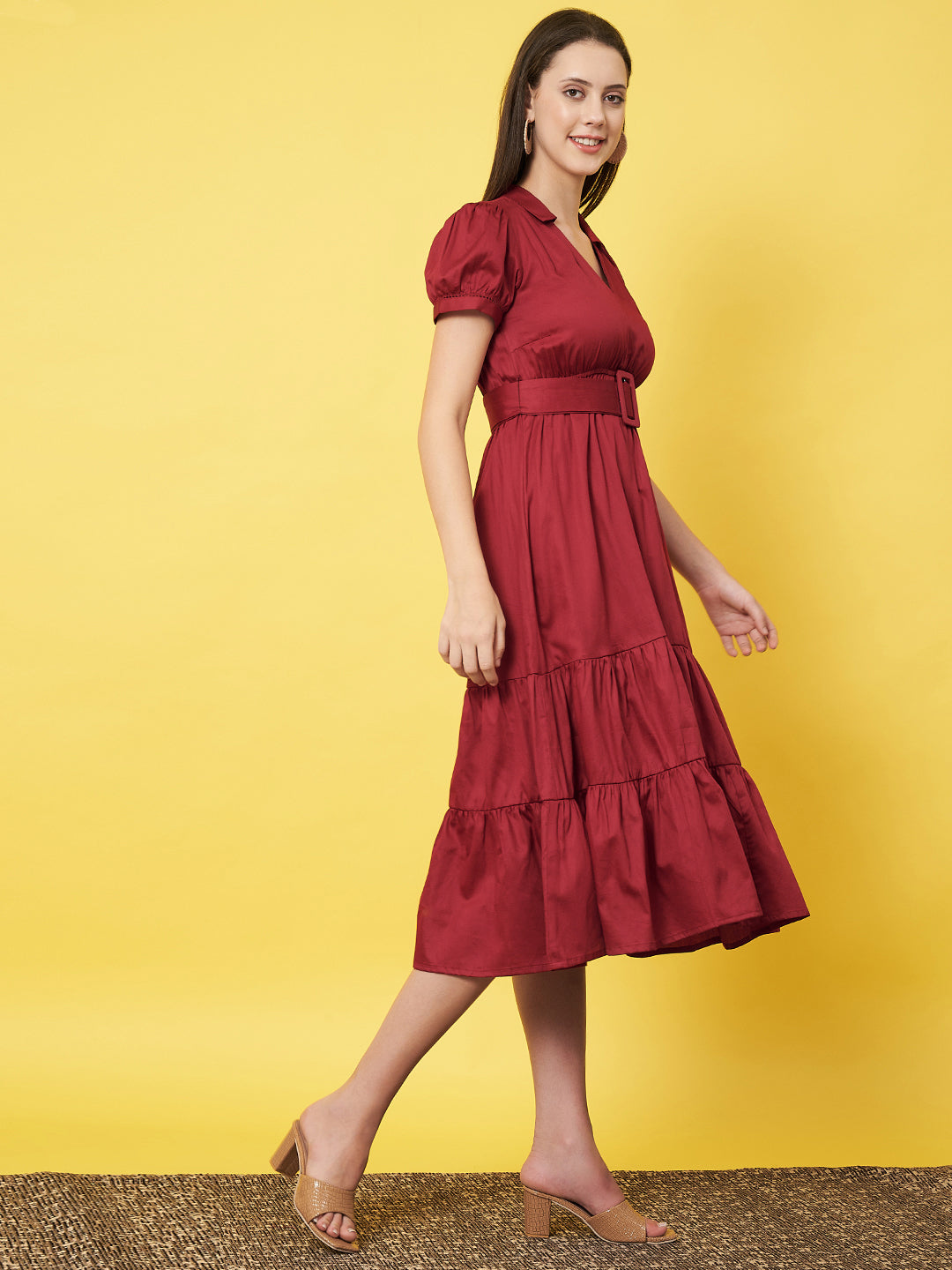 Classy Red Ruffled A - Line Dress