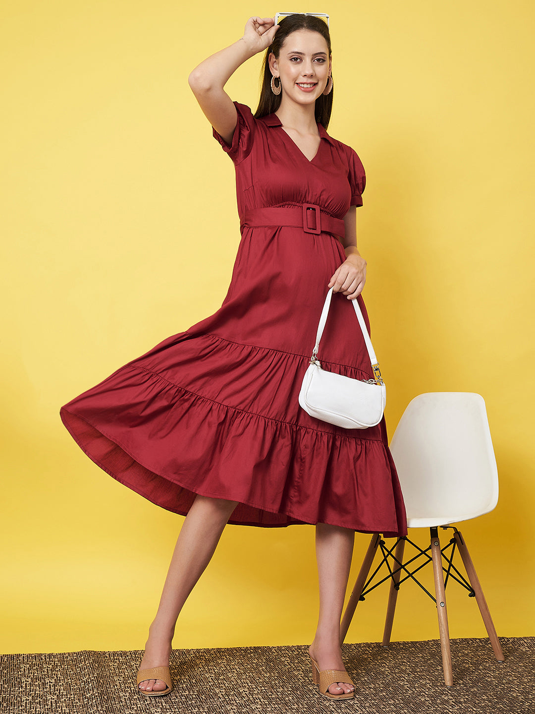 Classy Red Ruffled A - Line Dress