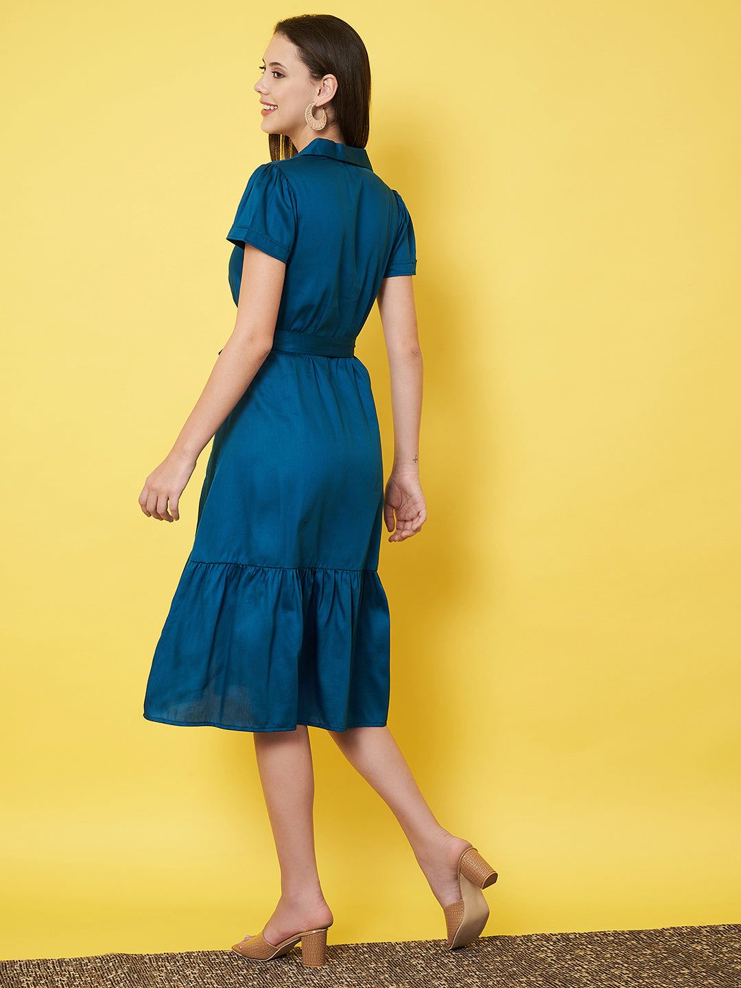 Classy Blue Ruffled Shirt Dress