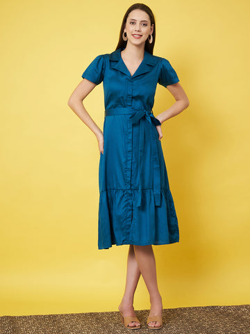 Classy Blue Ruffled Shirt Dress