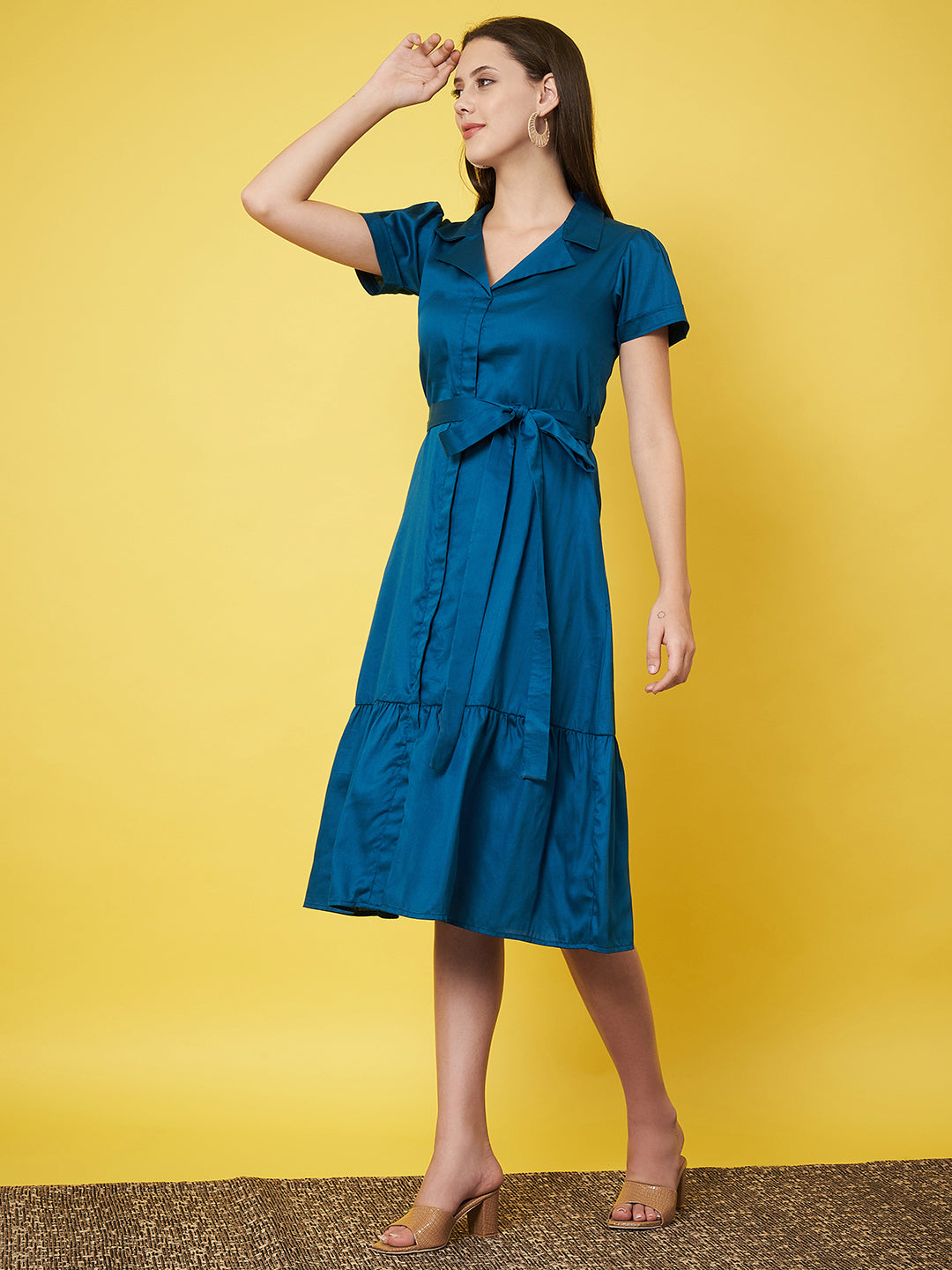 Classy Blue Ruffled Shirt Dress