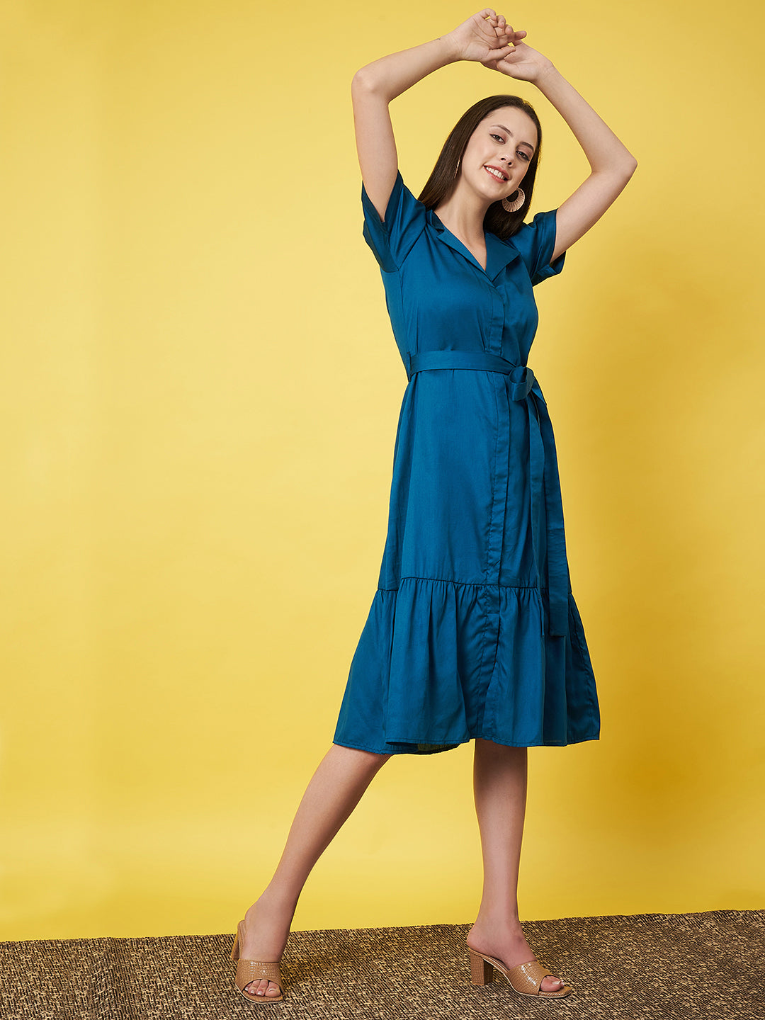 Classy Blue Ruffled Shirt Dress
