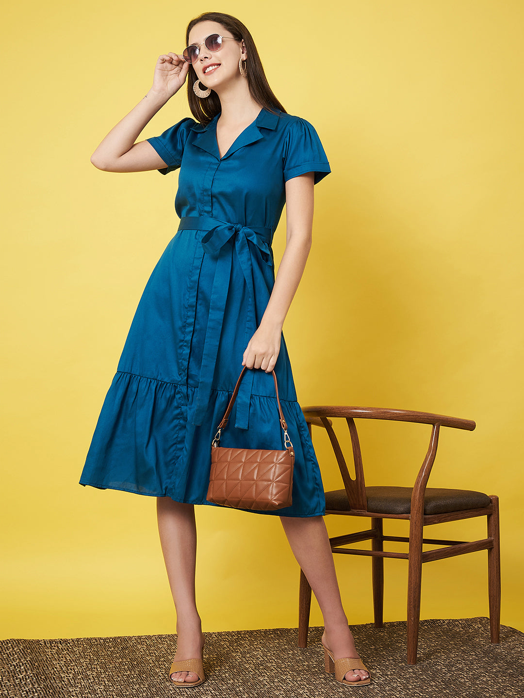 Classy Blue Ruffled Shirt Dress
