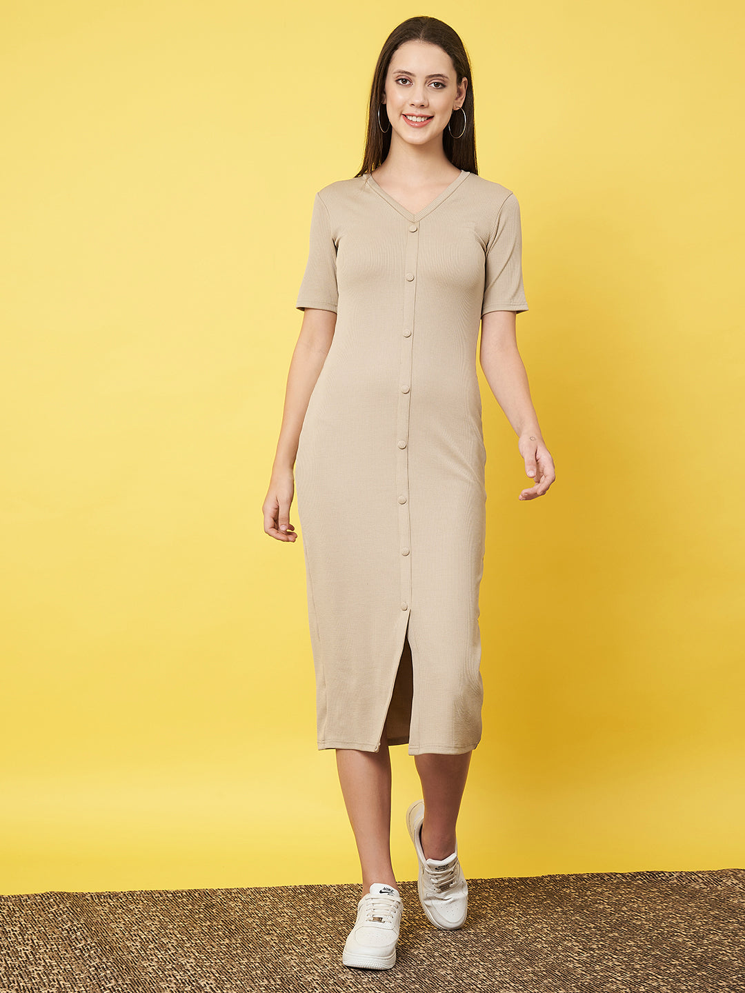 Classy Beige Fitted Shirt Dress