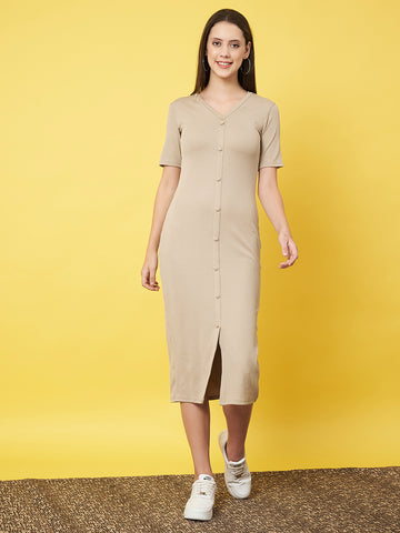 Classy Beige Fitted Shirt Dress